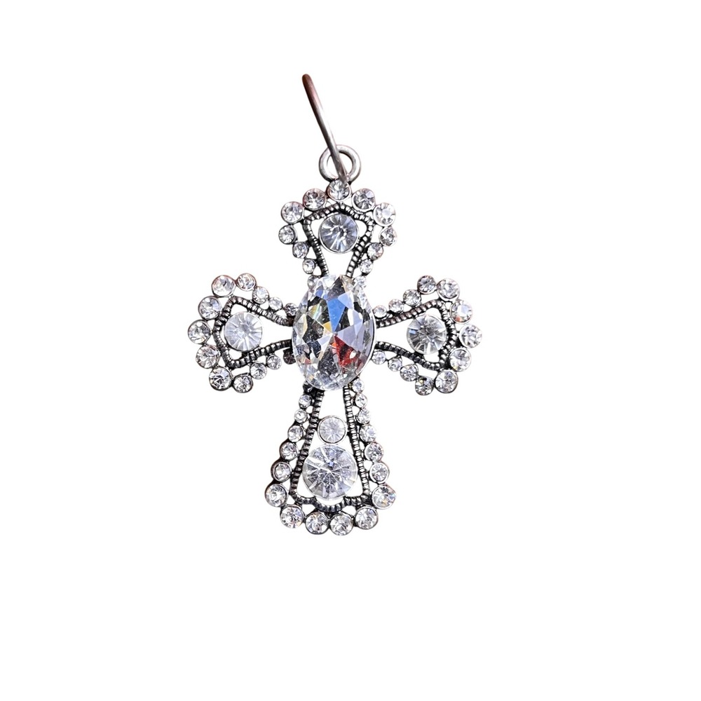 Rhinestone Cross Pendant Statement‎ Religious Charm Silver Tone